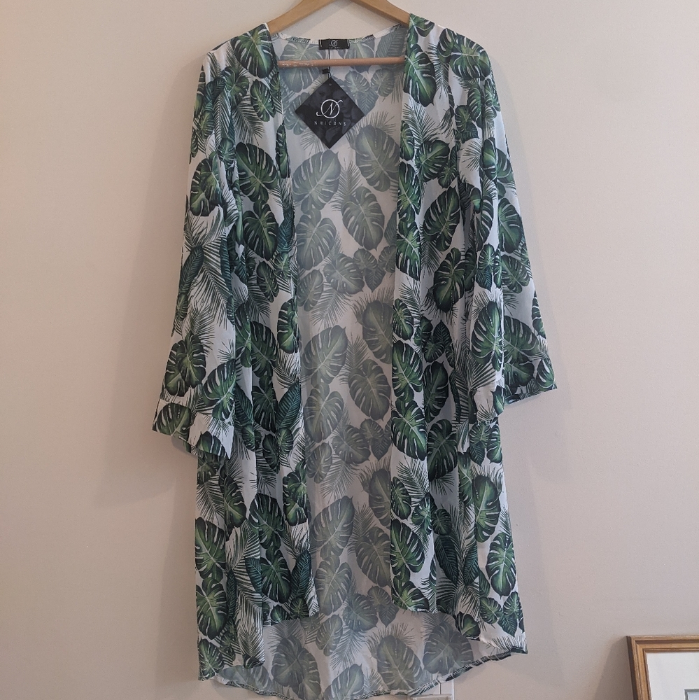 Sheer Bathing Suit Cover with Monstera Print